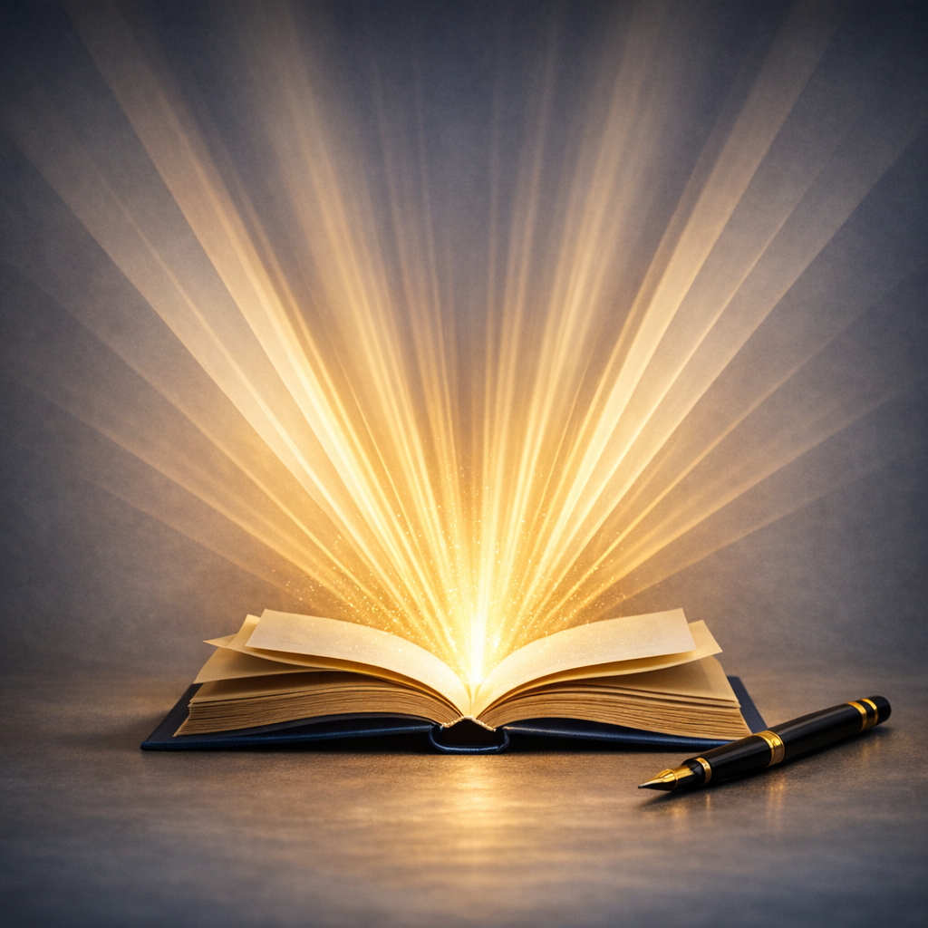 An open book with golden light radiating from its pages.