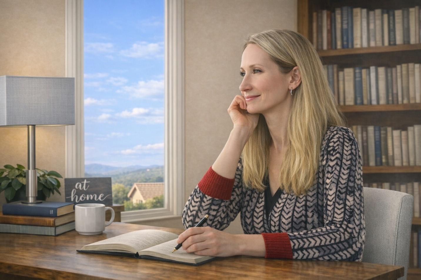 Svetlana Bolotina, Founder, seated in her study with books behind her.