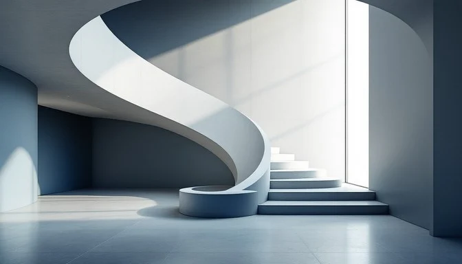 A curved white staircase rising in a sunlit modern interior.